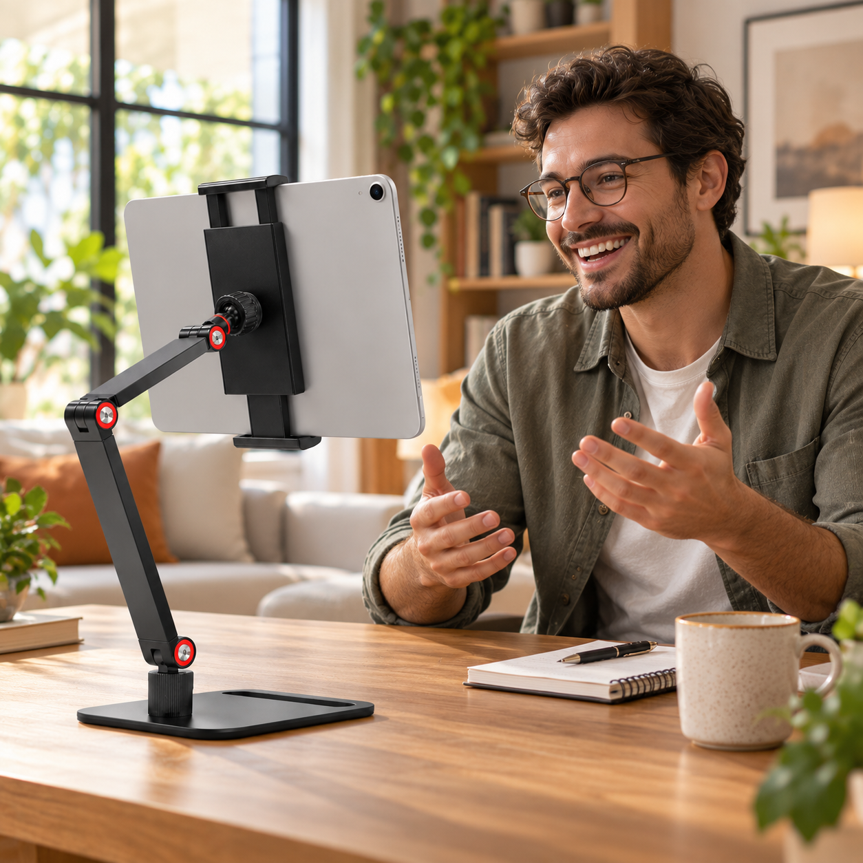 WAWO FlexDesk 360 - Tela na altura dos olhos em videochamada, sem ocupar o centro da mesa.